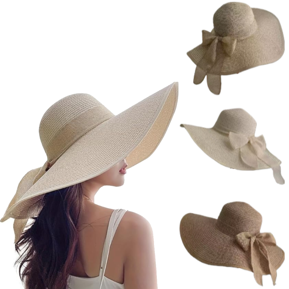 Hat Floppy Wide - 女性用夏用つば広麦わら帽子、大きなフロッピービーチキャップ、折りたたみ式屋外日よけ帽子、旅行休暇用ビーチハット