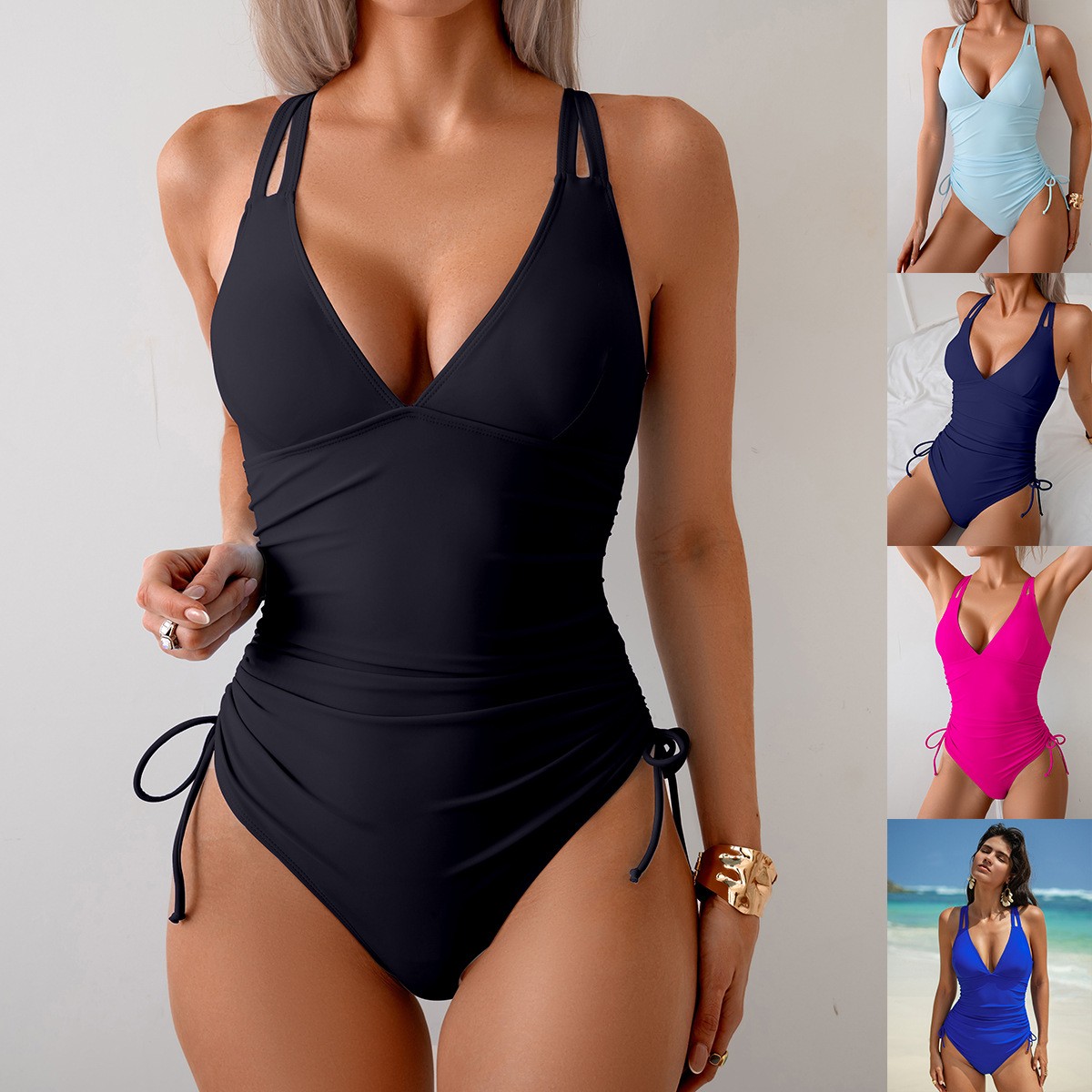 Swimsuit Bikini Ruched - ソリッドブラックのVネックワンピース水着、ウエストにギャザー入り、ホルターストラップ、ハイカットレッグ、ノースリーブ、ソリッドピンクの水着
