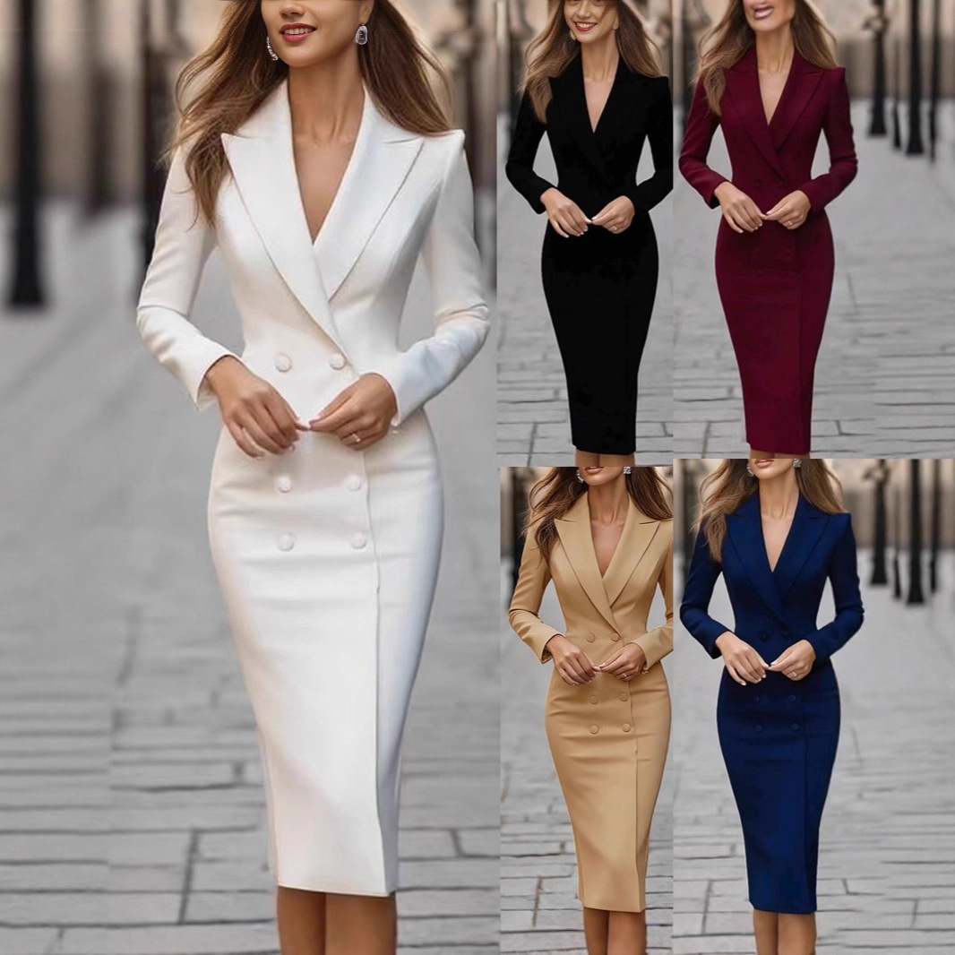 Linen Dress Wrap - ピュアカラースリムダブルブレストパーティードレス エレガントレディセクシーラップヒップドレス 気質のあるラペルロングスリーブボディコン通勤ドレス