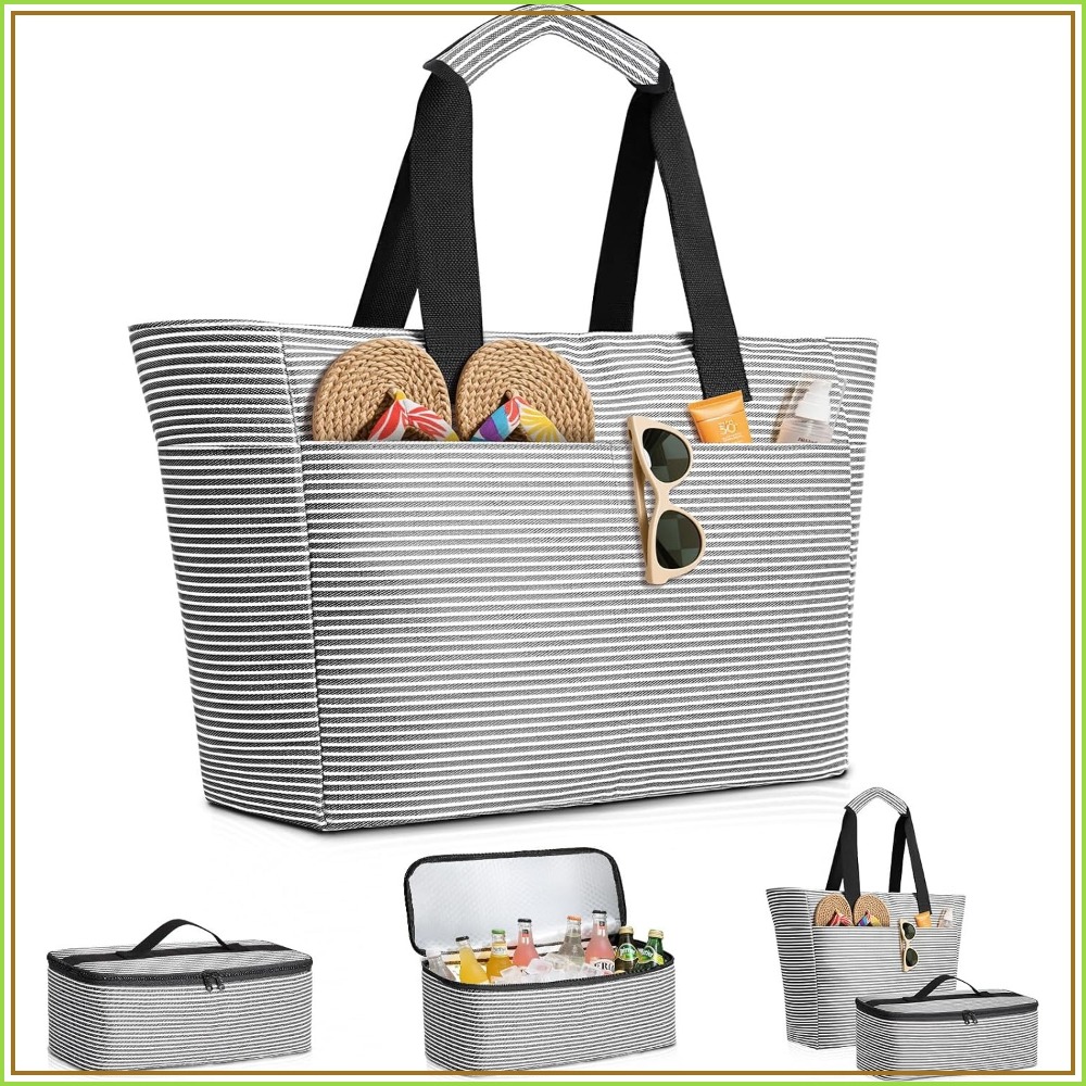 Tote Bag Beach - 45L防水ビーチバッグ＆クーラーセット、XXL折りたたみ式ジッパー付きトートバッグ、プール、ピクニック、旅行用8ポケット付き