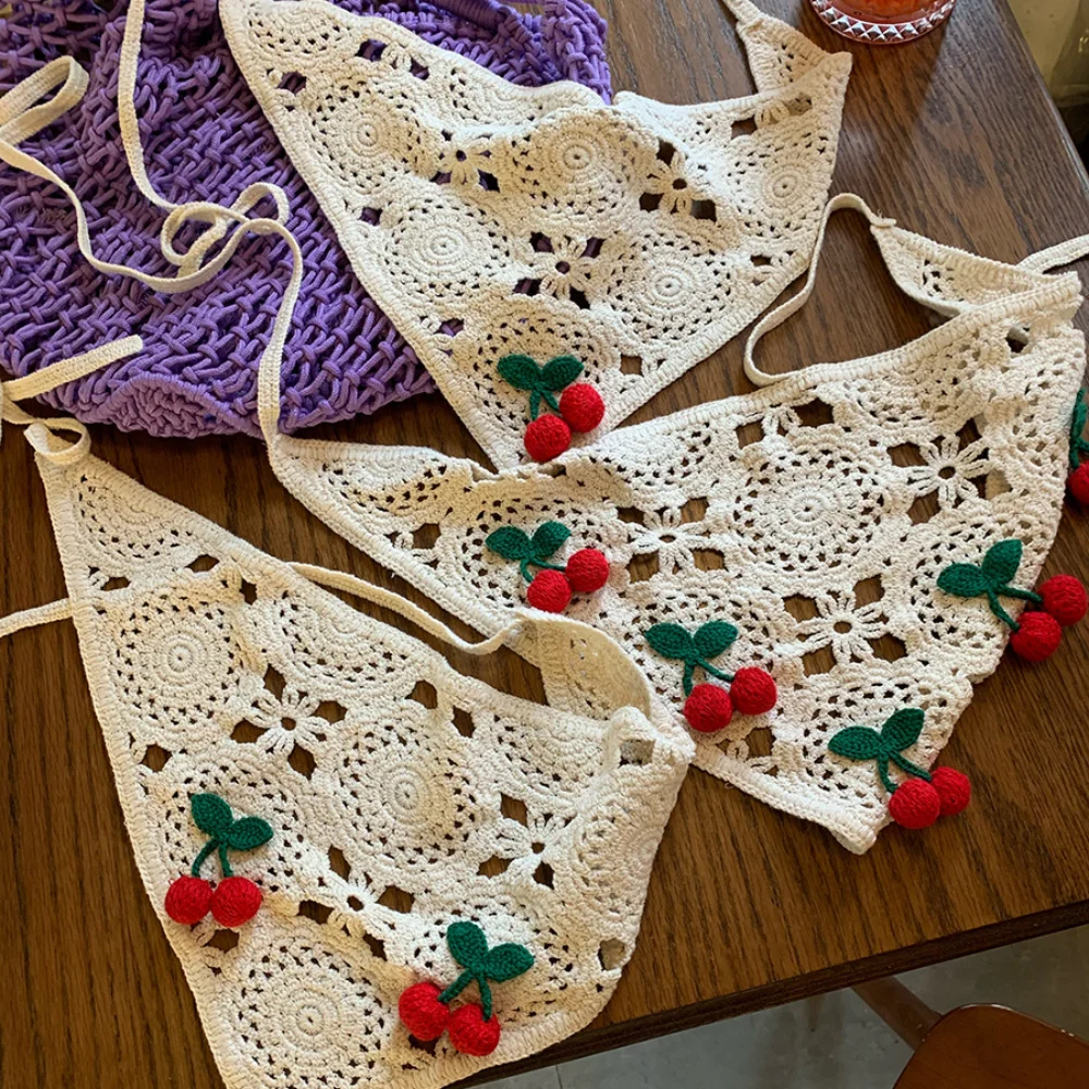 Headband Summer Knit - 甘いフレンチパストラルスタイルの三角ヘッドバンド、手作りのクロシェの小さな桜のヘッドスカーフ帽子、ニットのヘッドバンドタオル、女の子用