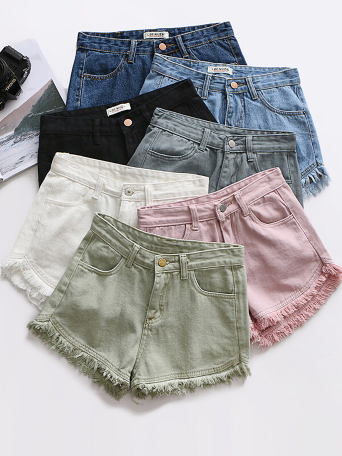 Shorts Denim Frayed - レディース ハイウエスト デニム ショートパンツ ヴィンテージ ウォッシュ加工