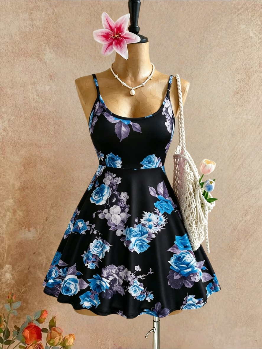 Romper Floral Print - プラスサイズ女性用スパゲッティストラップUネックブルー花柄プリントハイウエストスイングミニドレス2026夏Y2K黒背景ノースリーブ