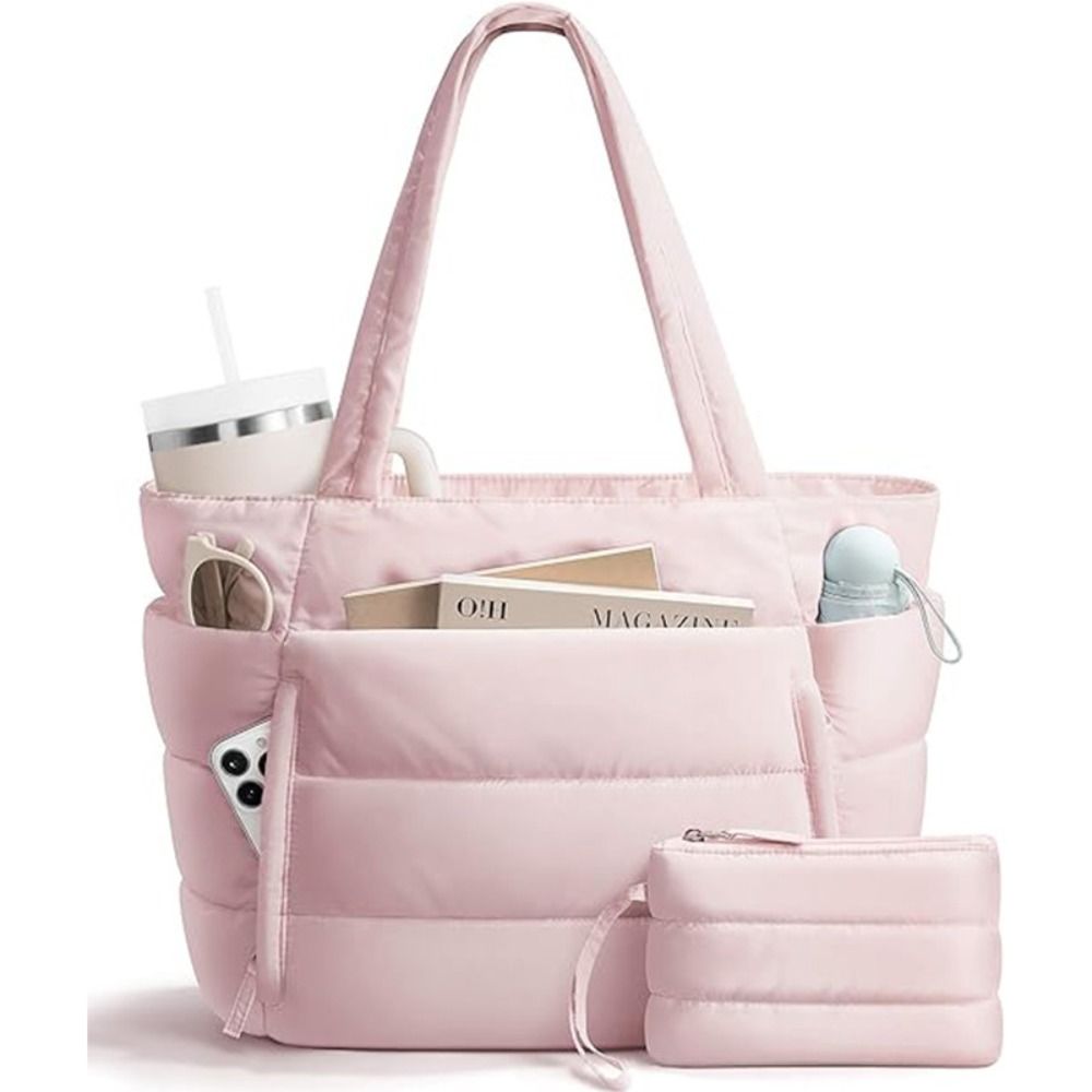 Tote Bag Beach - 大容量パファートートバッグ 女性用 多ポケット コインケース付き 通勤バッグ 軽量
