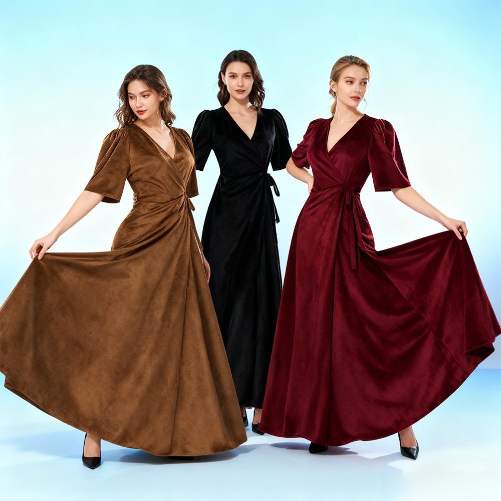 Linen Dress Wrap - レディースロングVネックラップスリムピュアカラーベルベットドレス中世COSステージパフォーマンス衣装秋七分袖その他素材