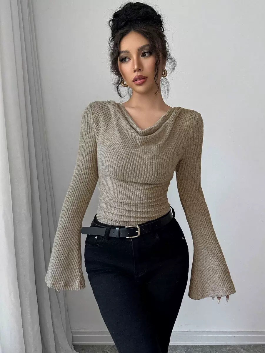 Blouse Off Shoulder - レディースブラウス オフショルダー カウルネックトップ 無地 フレアロングスリーブトップ リブ編みスリムフィットニットトップ