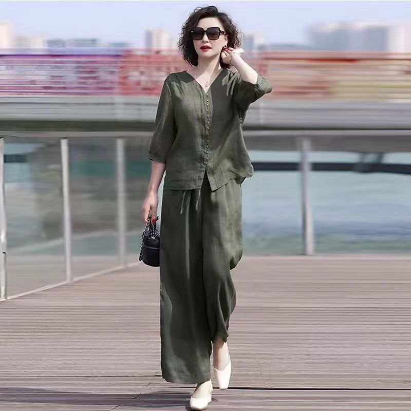 Linen Pant Wide - 女性用コットンとリネンのツーピースセット,ゆったりとした快適なトップス,ワイドレッグパンツ,襟,カジュアルファッション,新しい夏のコレクション2024