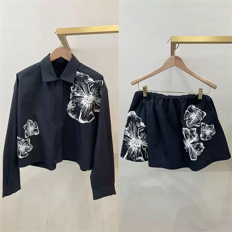 Romper Floral Print - ロマンチックな白い花柄シャツとショートスカートセット春夏コットン長袖ターンダウンカラー韓国スタイルカジュアルファッション