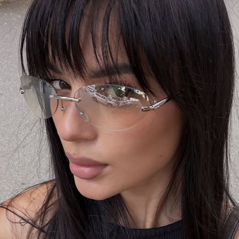 Sunglasses Cat Eye - リムレスオーバルサングラス男性女性ファッション UV400 ドライビングシェード Y2K フレームレスグラデーションアイウェアトレンディなキャットアイサングラス