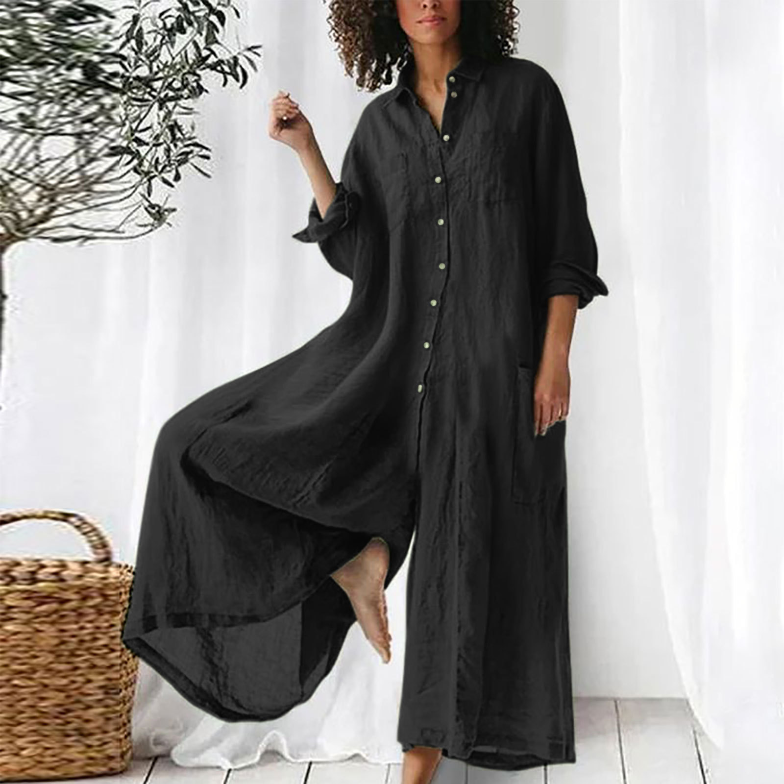 Jumpsuit Linen Relaxed - レディースジャンプスーツ 日常着 長袖ジャンプスーツ ミッドレングス 通気性のあるリネンブレンドジャンプスーツ リラックスしたボタンフロントワンピース