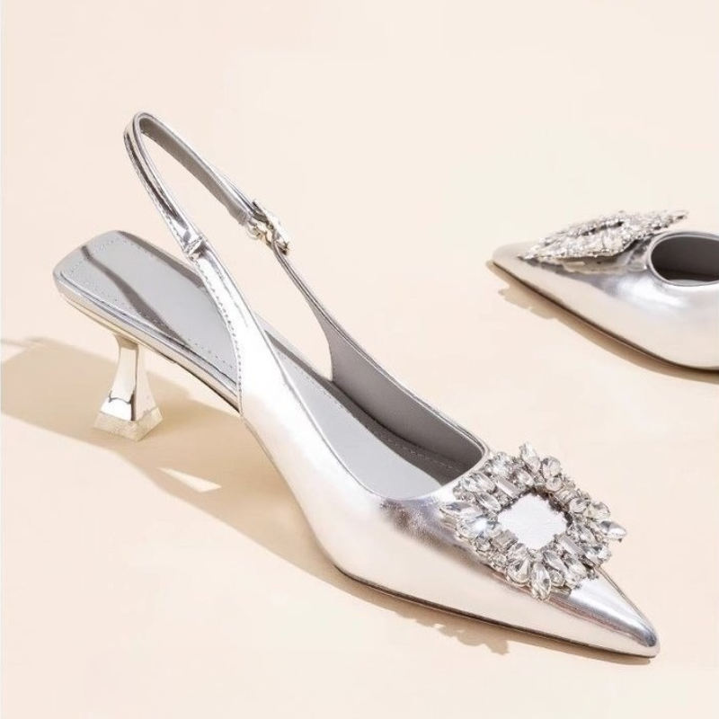 Sandal Strappy Heeled - 夏のレディースサンダル、新作レディースシューズ、ポインテッドトゥ、浅履き、ヌードピンク、ダイヤモンドシューズ、ローヒール、バックストラップ、レディースドレスシューズ