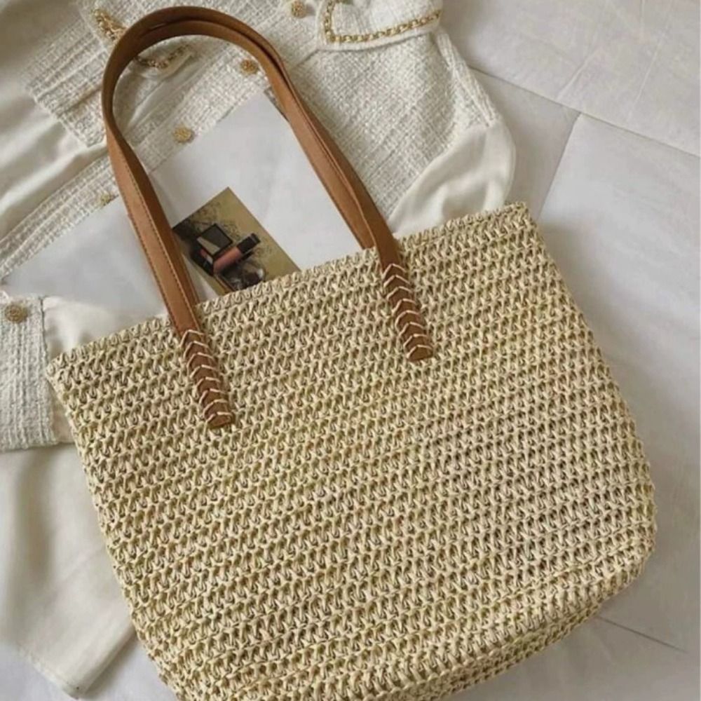 Tote Bag Beach - かわいい無地織りストロートートバッグスクエア織りビーチハンドバッグボヘミアンスタイルジッパーラフィアショルダーバッグショッピング