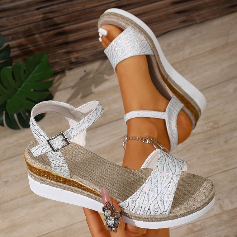 Wedge Espadrille Women - レディース ウェッジサンダル ホワイト プラットフォームヒール アンクルストラップ シマーフィニッシュ