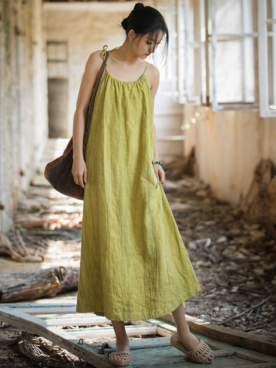 新しい中国風のハイエンド麻ガーゼ女性のラップ染色ルーズレトロ - Linen Dress Wrap のレビューと価格