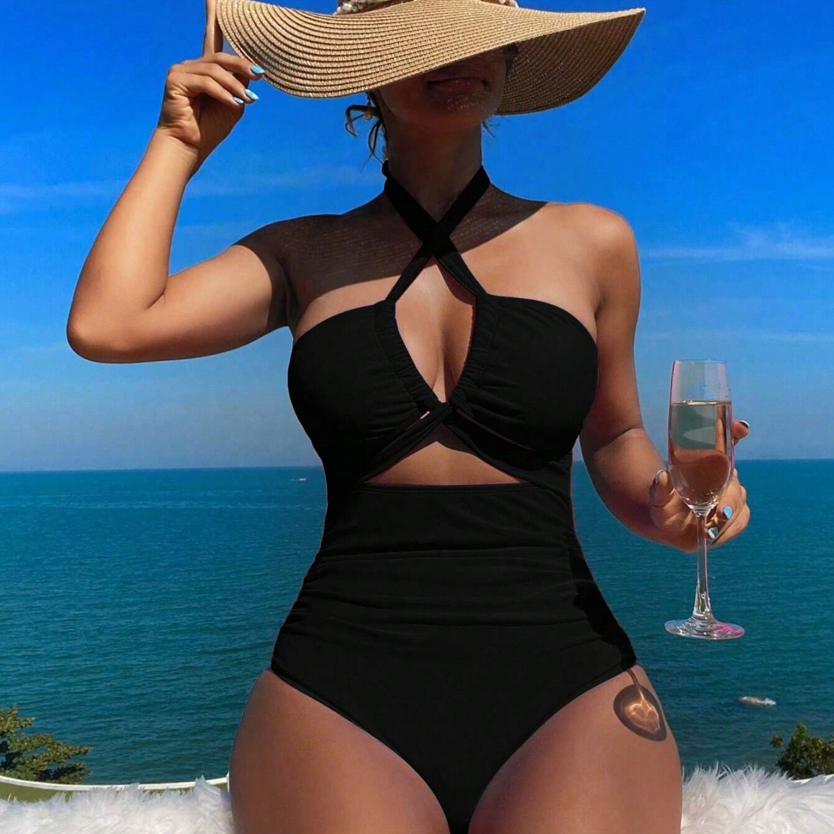 女性用水着 ホルターネック 無地水着 バックレス ウエストシ - Swimsuit Bikini Ruched のレビューと価格