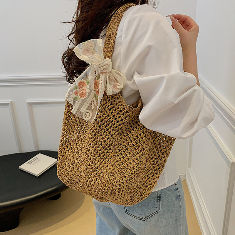 夏のレースボウトートバッグ レディース ラフィア編み込みショ - Crochet Bag Raffia のレビューと価格