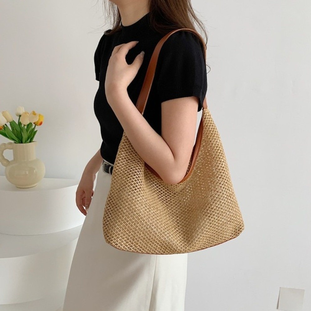 かわいい無地織りわらバッグボヘミアンスタイル手作りビーチハン - Tote Bag Beach のレビューと価格