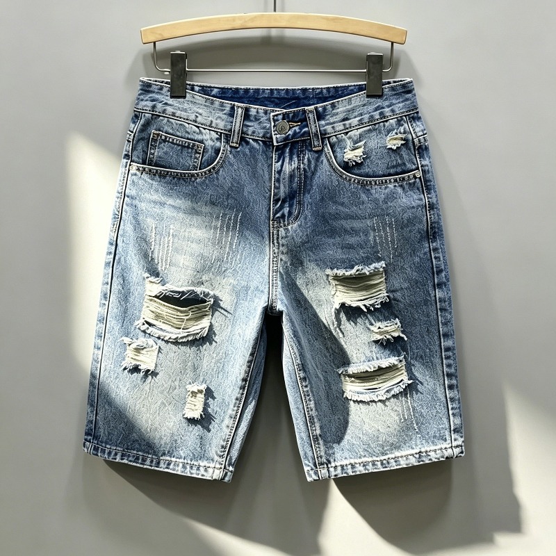 メンズ韓国風ダメージデニムショーツ、ライトウォッシュ加工、リ - Shorts Denim Frayed のレビューと価格
