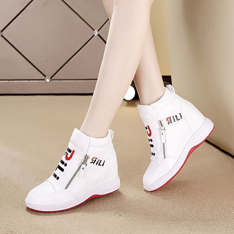 身長増加カジュアル女性靴革黒白プラットフォームウェッジスニー - Wedge Espadrille Women のレビューと価格