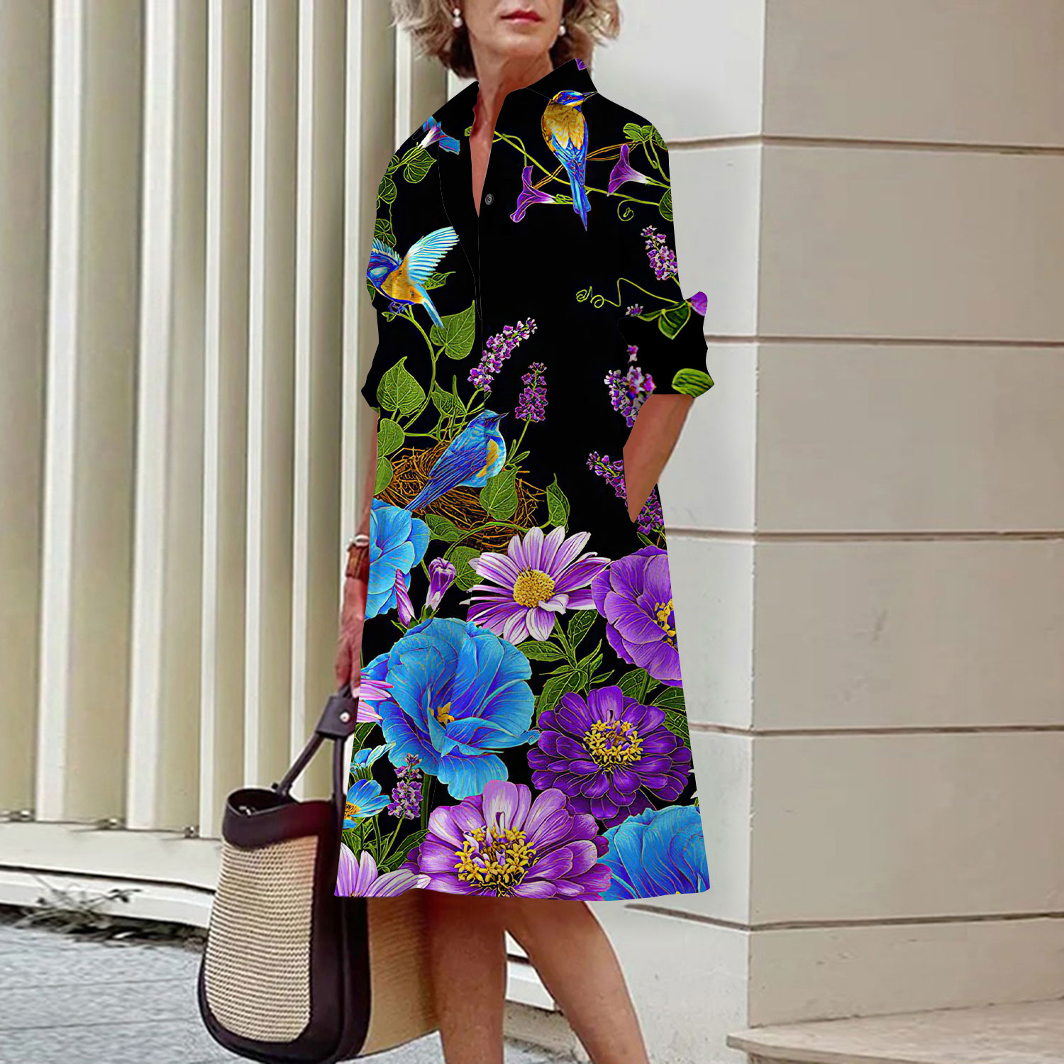 女性の花柄の長袖ミディドレス,ラペル,エレガント,カジュアル - Midi Skirt Floral のレビューと価格