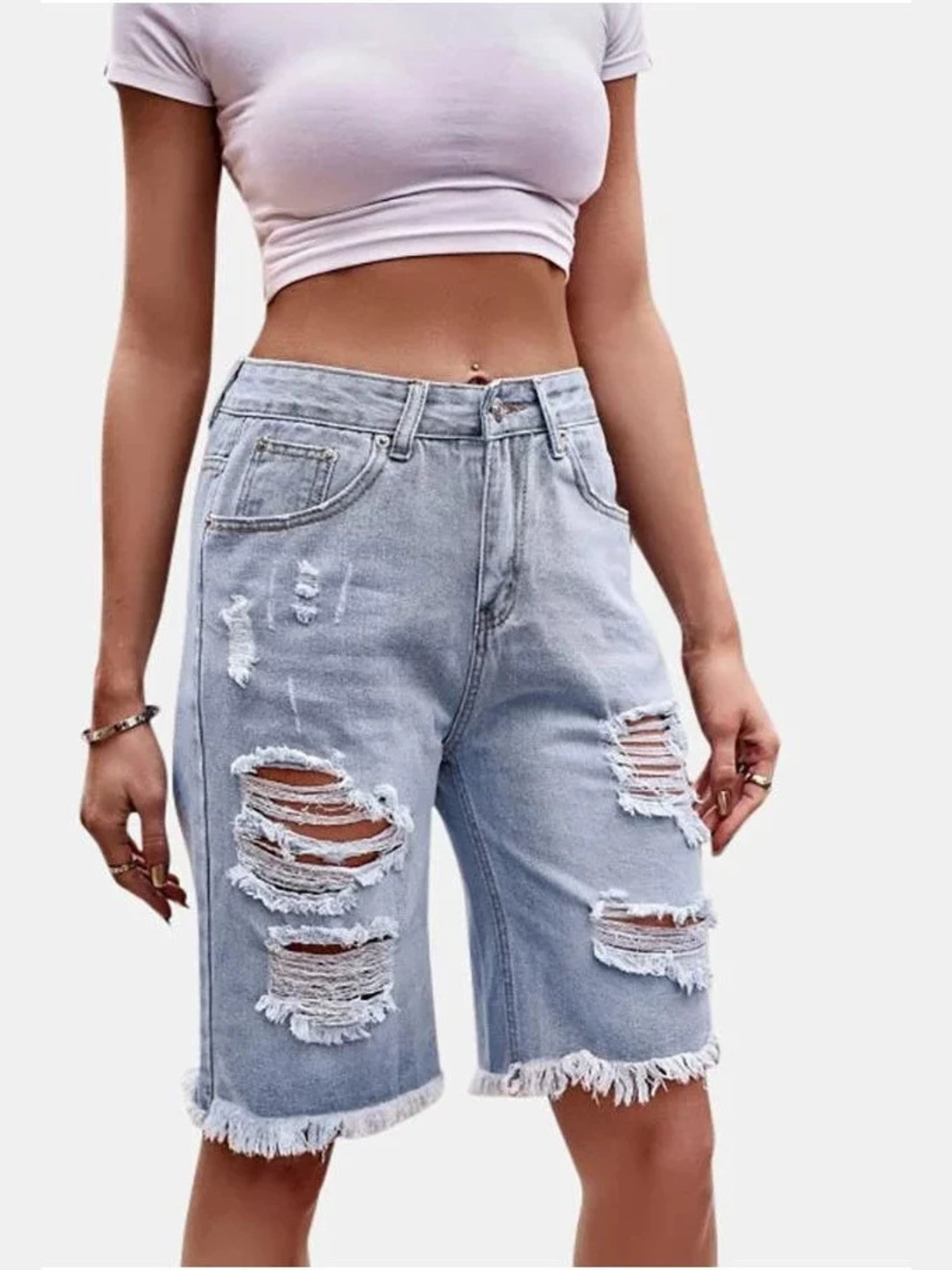 レディース ハイウエスト リップドコットンデニム ジョーツ  - Shorts Denim Frayed のレビューと価格