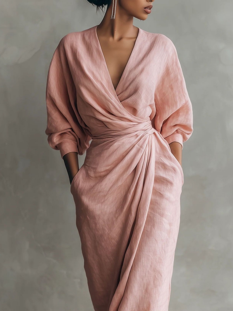 女性用リネン混紡ラップマキシドレス、Vネック、バットウィング - Linen Dress Wrap のレビューと価格