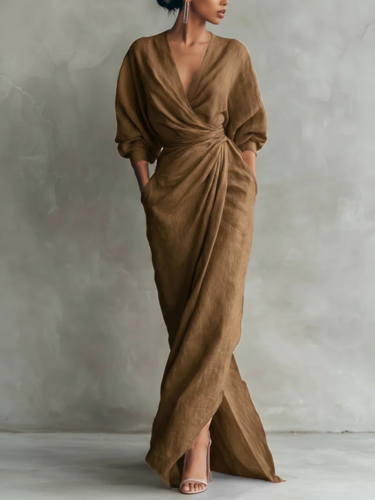 女性用リネン混紡ラップマキシドレス、Vネック、バットウィング - Linen Dress Wrap のレビューと価格