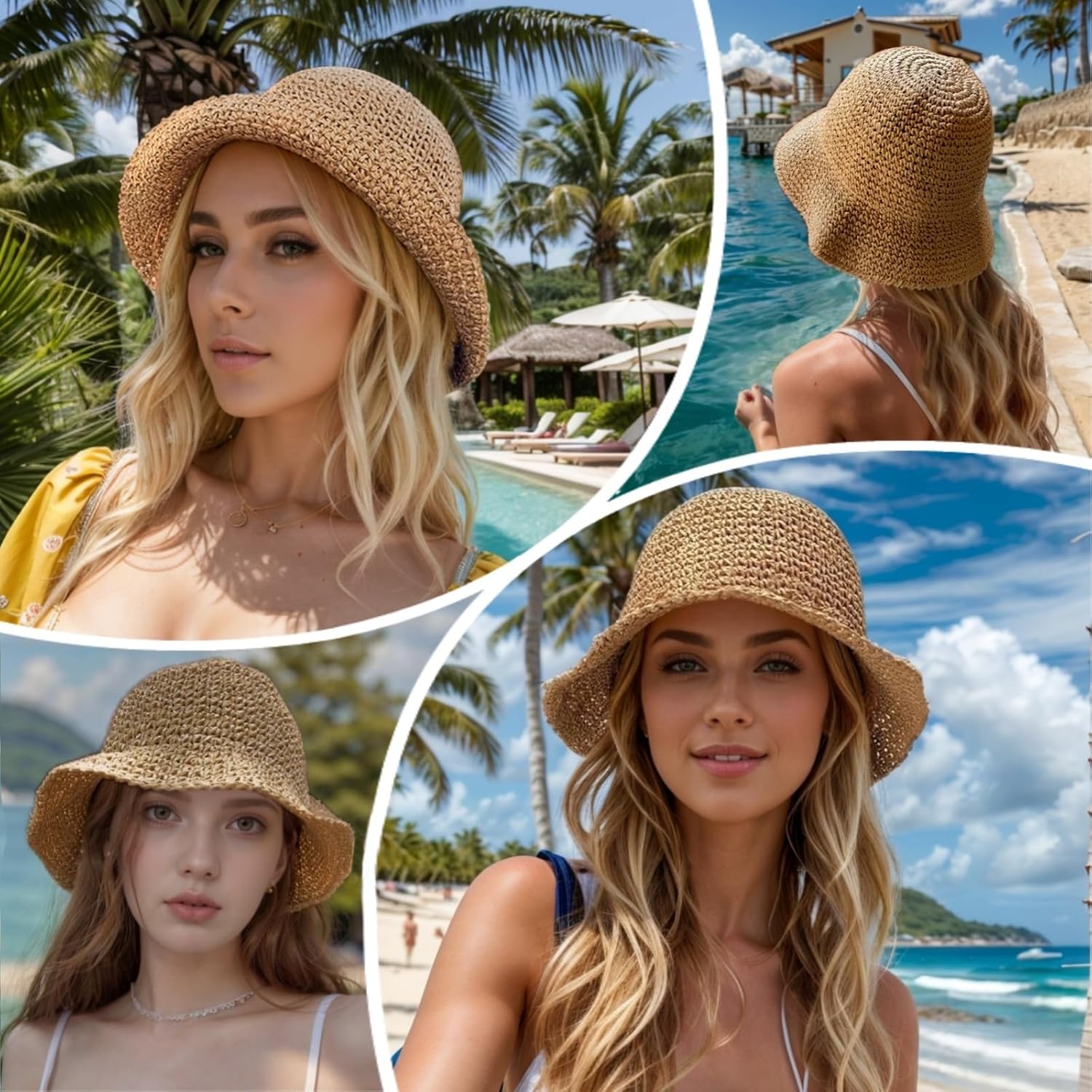 女性用折りたたみ式ビーチストローハット、夏用つば広パッカブル - Hat Floppy Wide のレビューと価格