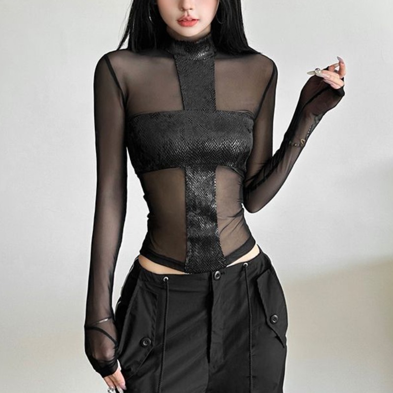 アメリカンスタイル メッシュ 長袖 ボディスーツ Tシャツ  - Blouse Off Shoulder のレビューと価格