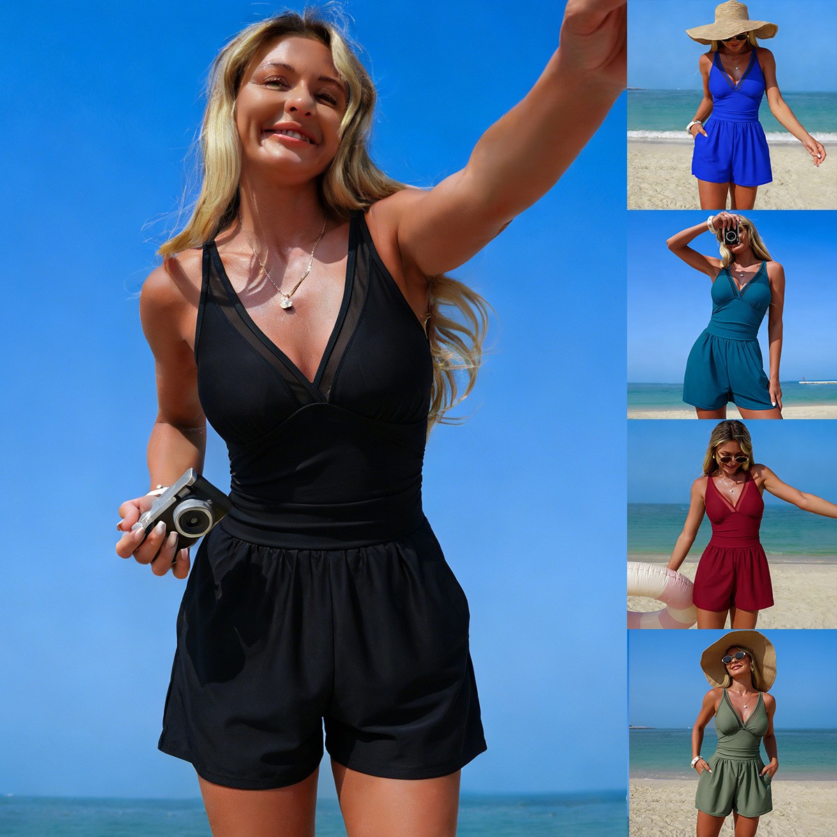 ブラックの無地ノースリーブVネック水着、シアーメッシュパネル - Swimsuit Bikini Ruched のレビューと価格