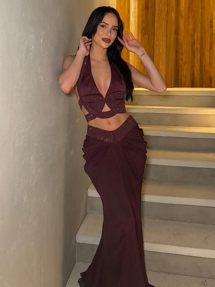 ダークブラウンのラインストーン付きツーピースマキシドレス、デ - Maxi Dress Halter のレビューと価格