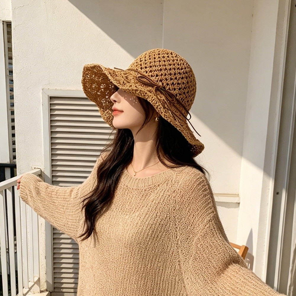 手編みクロシェ麦わら帽子つば広折りたたみ式パナマハットUVカ - Hat Floppy Wide のレビューと価格