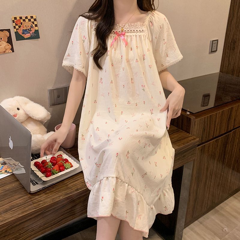 プラスサイズプリンセススタイルナイトガウン夏半袖パジャマドレ - Romper Floral Print のレビューと価格