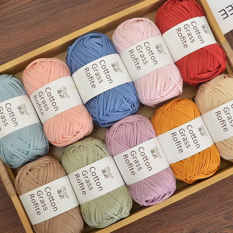 新しい多色ラフィア綿草糸フラットリボンかぎ針編み糸夏帽子ハン - Crochet Bag Raffia のレビューと価格