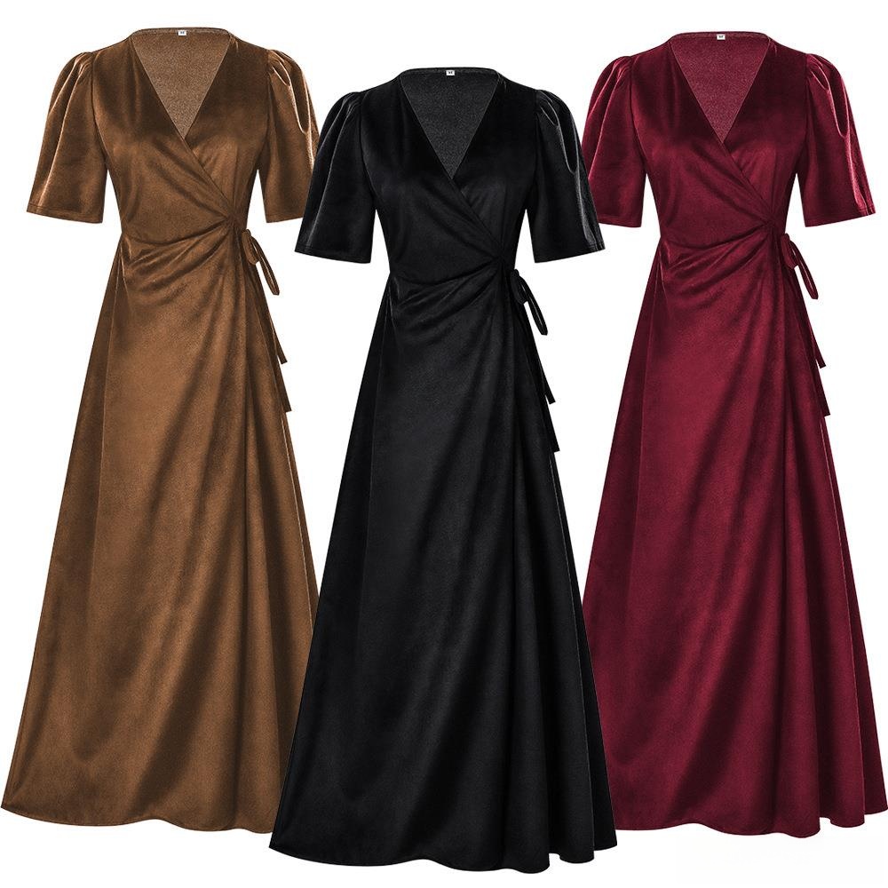 レディースロングVネックラップスリムピュアカラーベルベットド - Linen Dress Wrap のレビューと価格