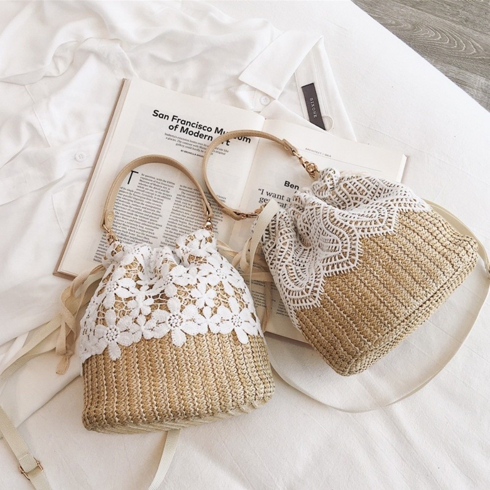 ヴィンテージレースストローショルダーバッグボヘミアンフラワー - Tote Bag Beach のレビューと価格