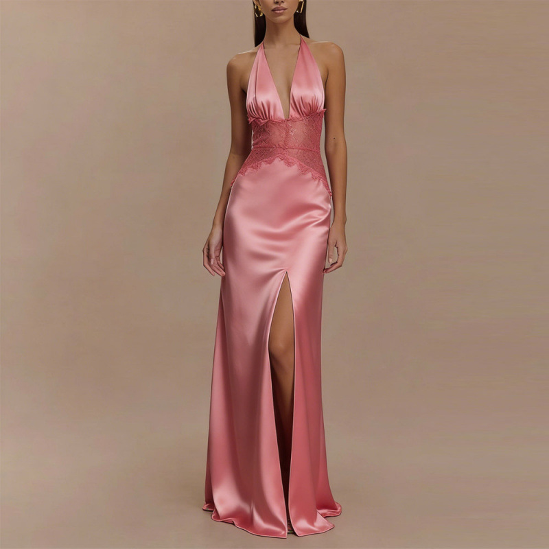 セクシーなバックレスホルターマキシドレスピンクサテンレースハ - Maxi Dress Halter のレビューと価格