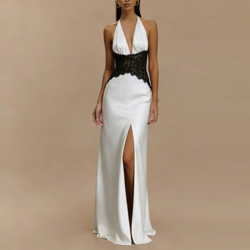 セクシーなバックレスホルターマキシドレスピンクサテンレースハ - Maxi Dress Halter のレビューと価格
