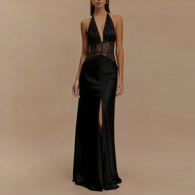 セクシーなバックレスホルターマキシドレスピンクサテンレースハ - Maxi Dress Halter のレビューと価格
