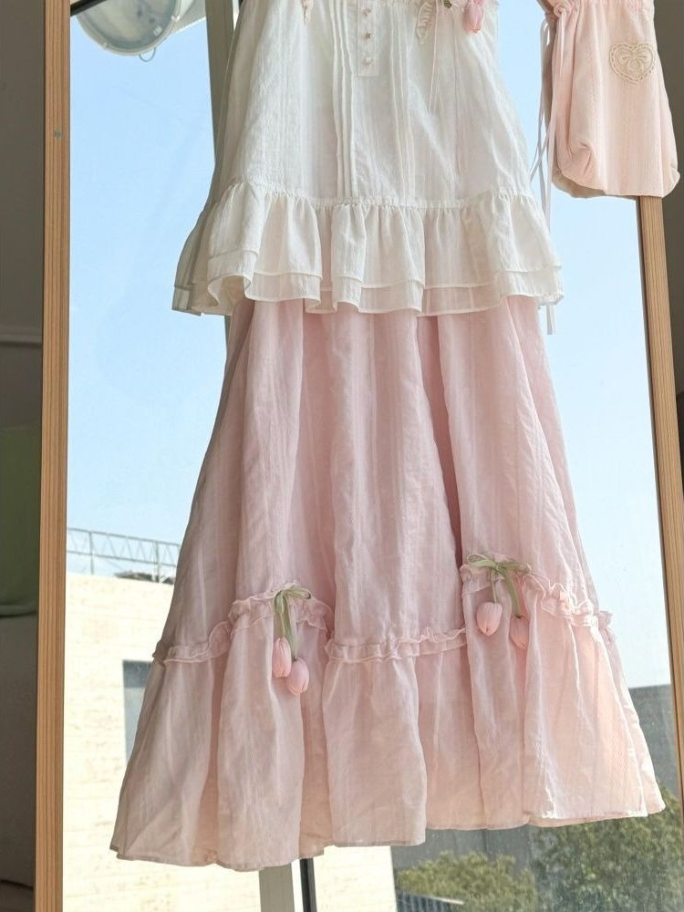 甘いかわいいフリルトリムチューリップ装飾ツーピースセット女性 - Midi Skirt Floral のレビューと価格
