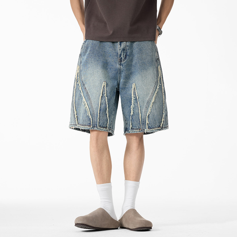メンズ バギーデニム ジョーツ、生端のフリンジ加工とパッチワ - Shorts Denim Frayed のレビューと価格