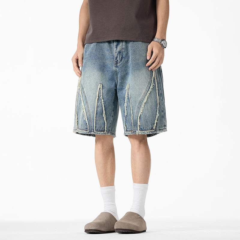 メンズ バギーデニム ジョーツ、生端のフリンジ加工とパッチワ - Shorts Denim Frayed のレビューと価格