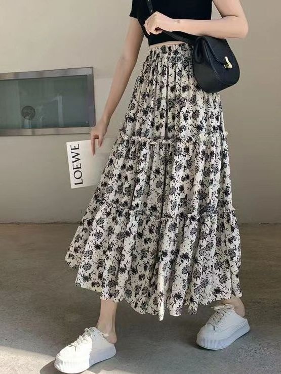花柄プリントAラインミディスカートプラスサイズ伸縮性ウエスト - Midi Skirt Floral のレビューと価格